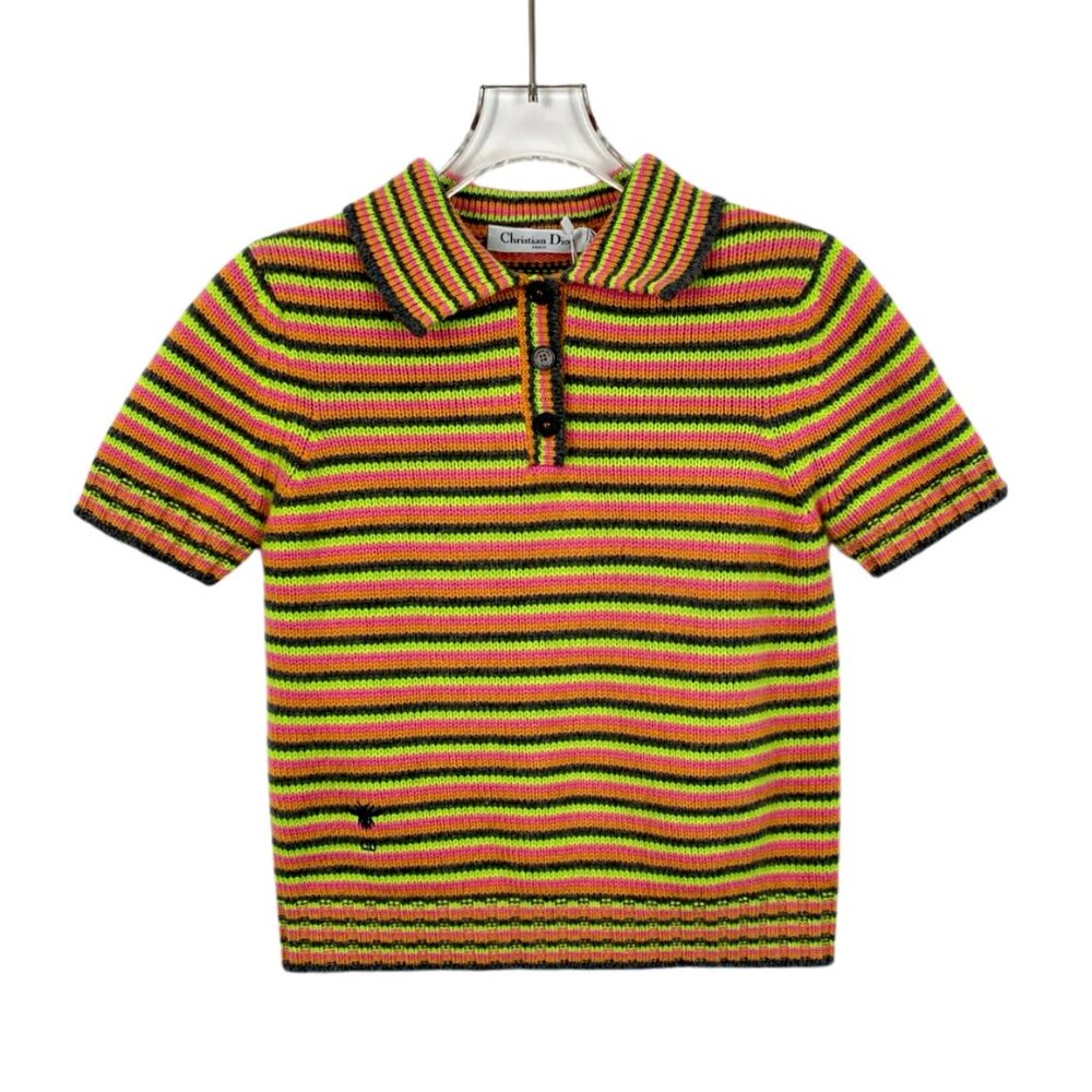 CW0122 Christian Dior Colorblock Striped Cashmere Short Sleeve Knitted Polo Shir